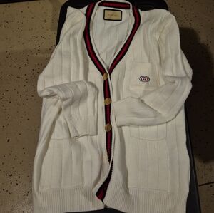 Gucci White Cardigan with Red and Black Accents
